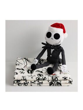 Disney Jack Skellington Kids Plush Doll in Black & White with Red Hat & blanket